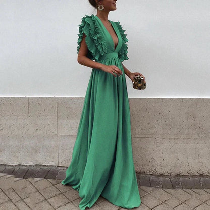 Flowing maxi dress with flutter sleeves front view