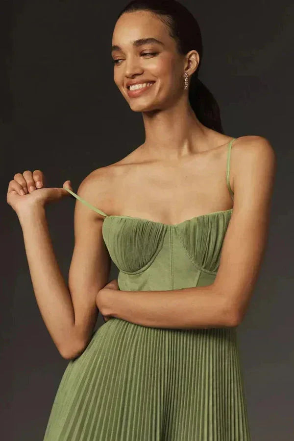 Olive pleated midi dress front view