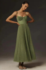 Olive green pleated midi dress