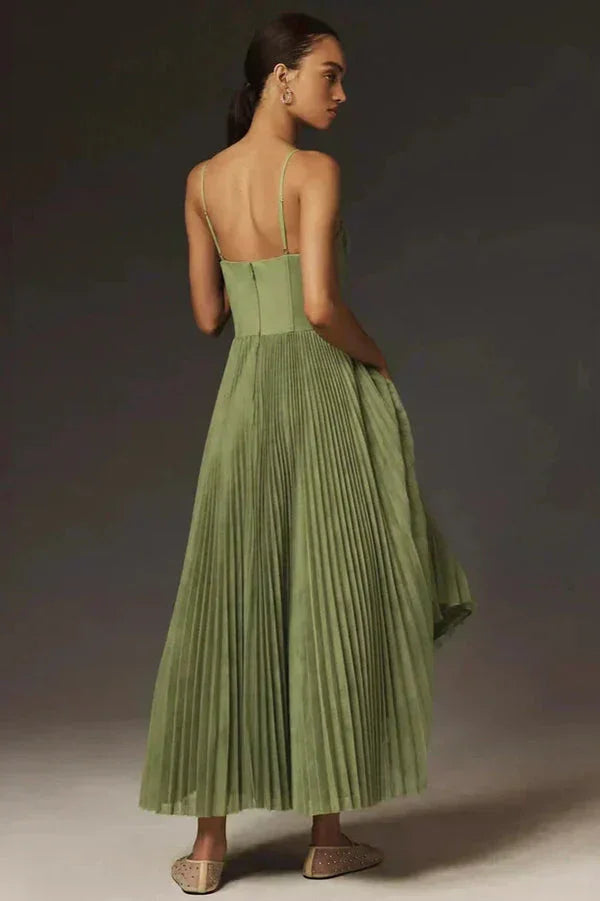 Pleated olive green midi dress