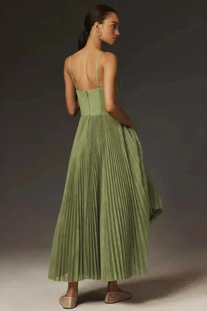 Pleated olive green midi dress