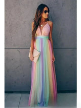 Multicolored striped open-back summer maxi dress