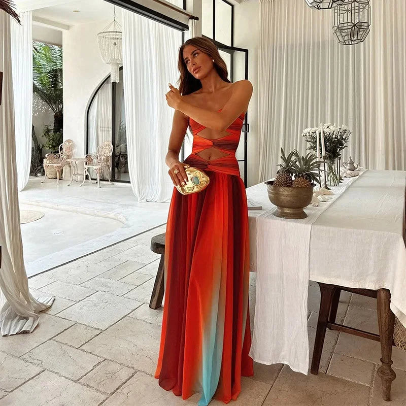 Red and orange block print summer maxi dress