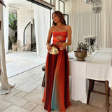Strapless red and orange maxi dress