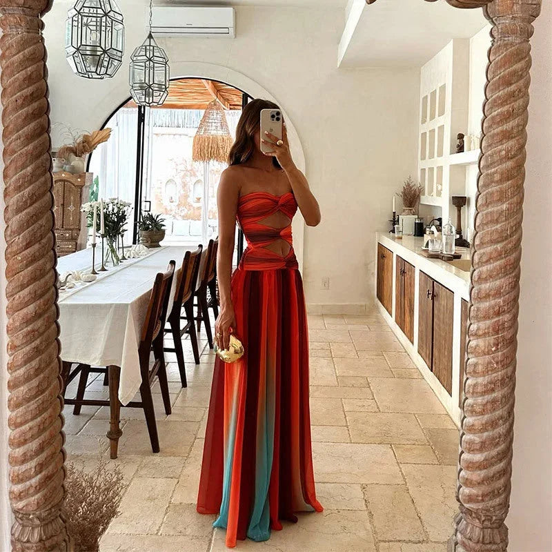 Red orange maxi evening dress
