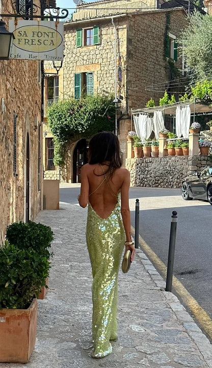 Green sequin maxi dress back view