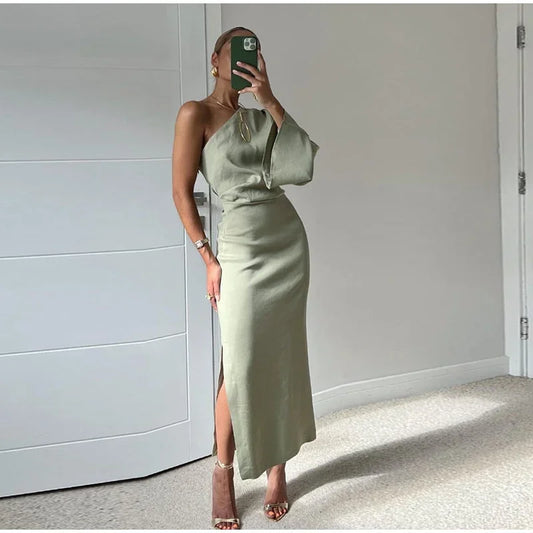 Olive green one-shoulder midi dress with slit