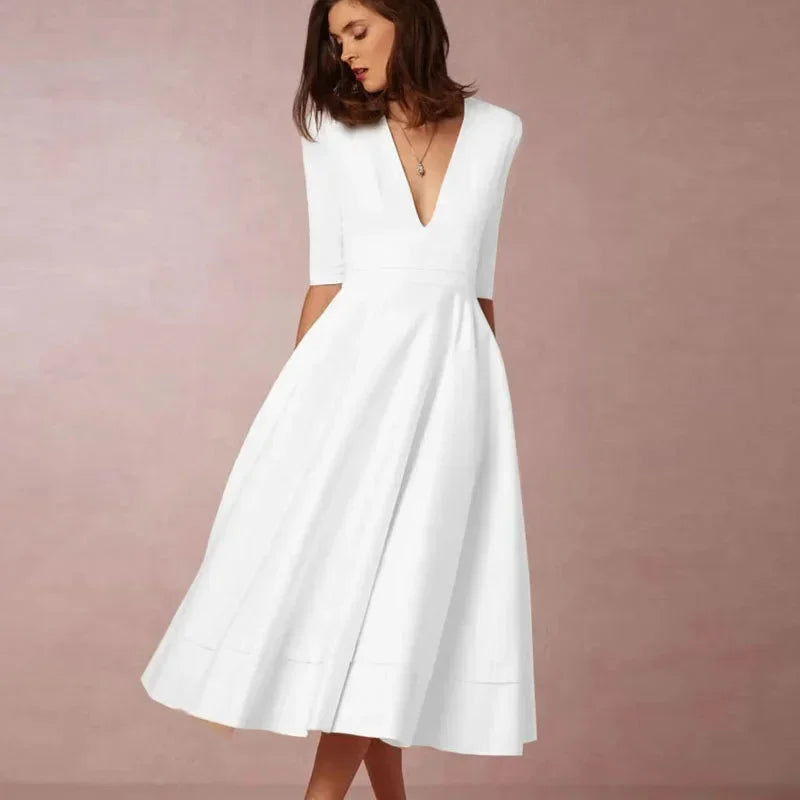 V-neck three-quarter sleeve midi dress