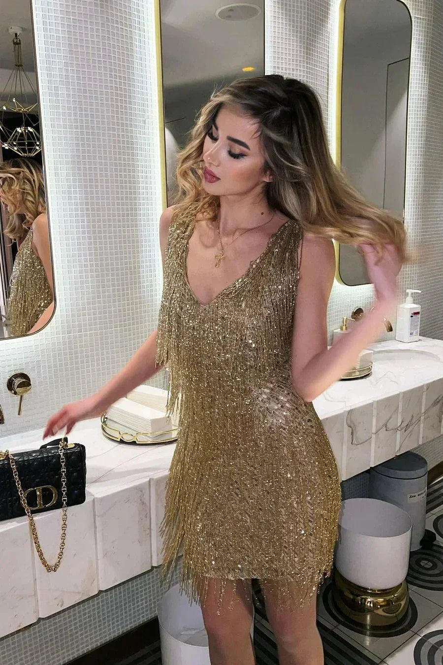 Sparkly fringe sequin mini dress