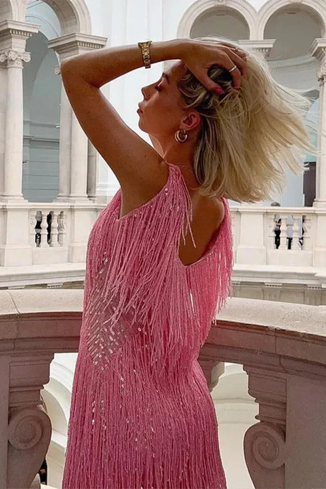 Sequin fringe mini dress front view
