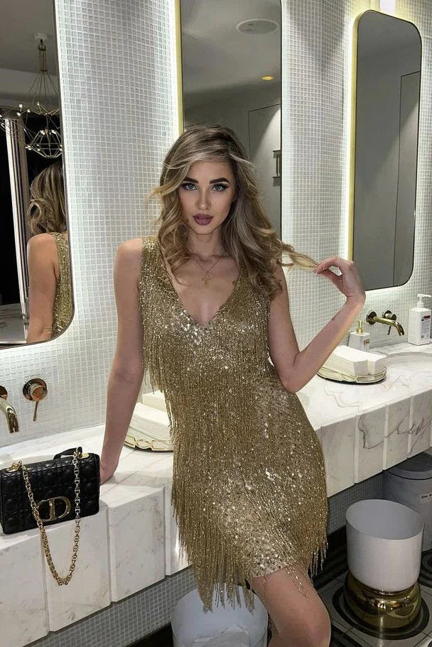 Gold fringe sequin party mini dress