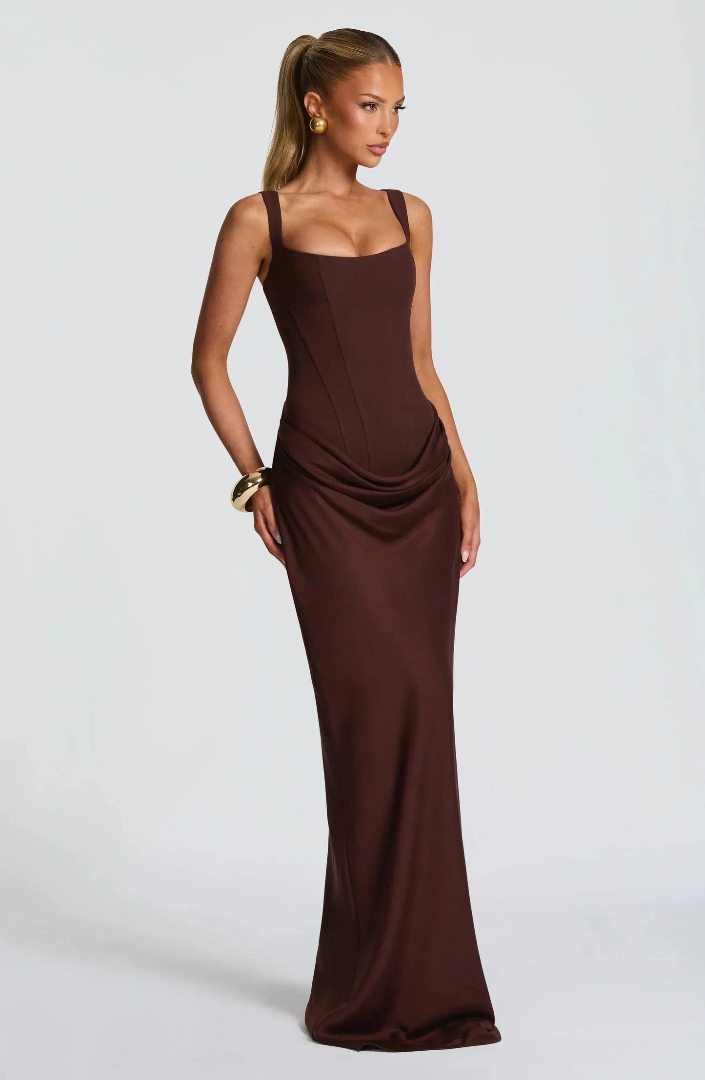 Open-back fitted maxi dress front view