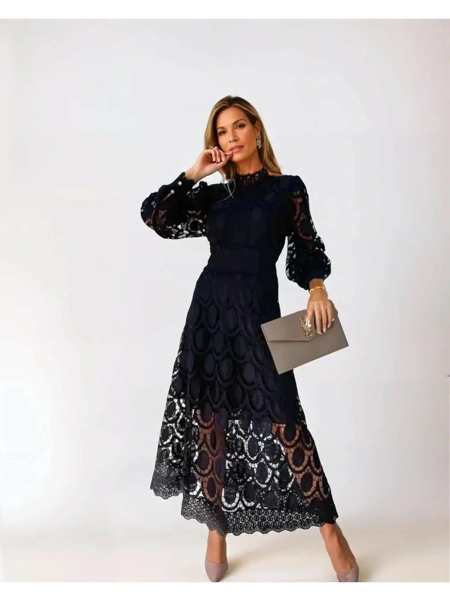 Ismay women's long-sleeve lace mock-neck midi dress