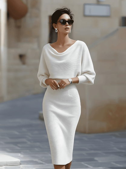 Cowl neck long sleeve midi dress, front view