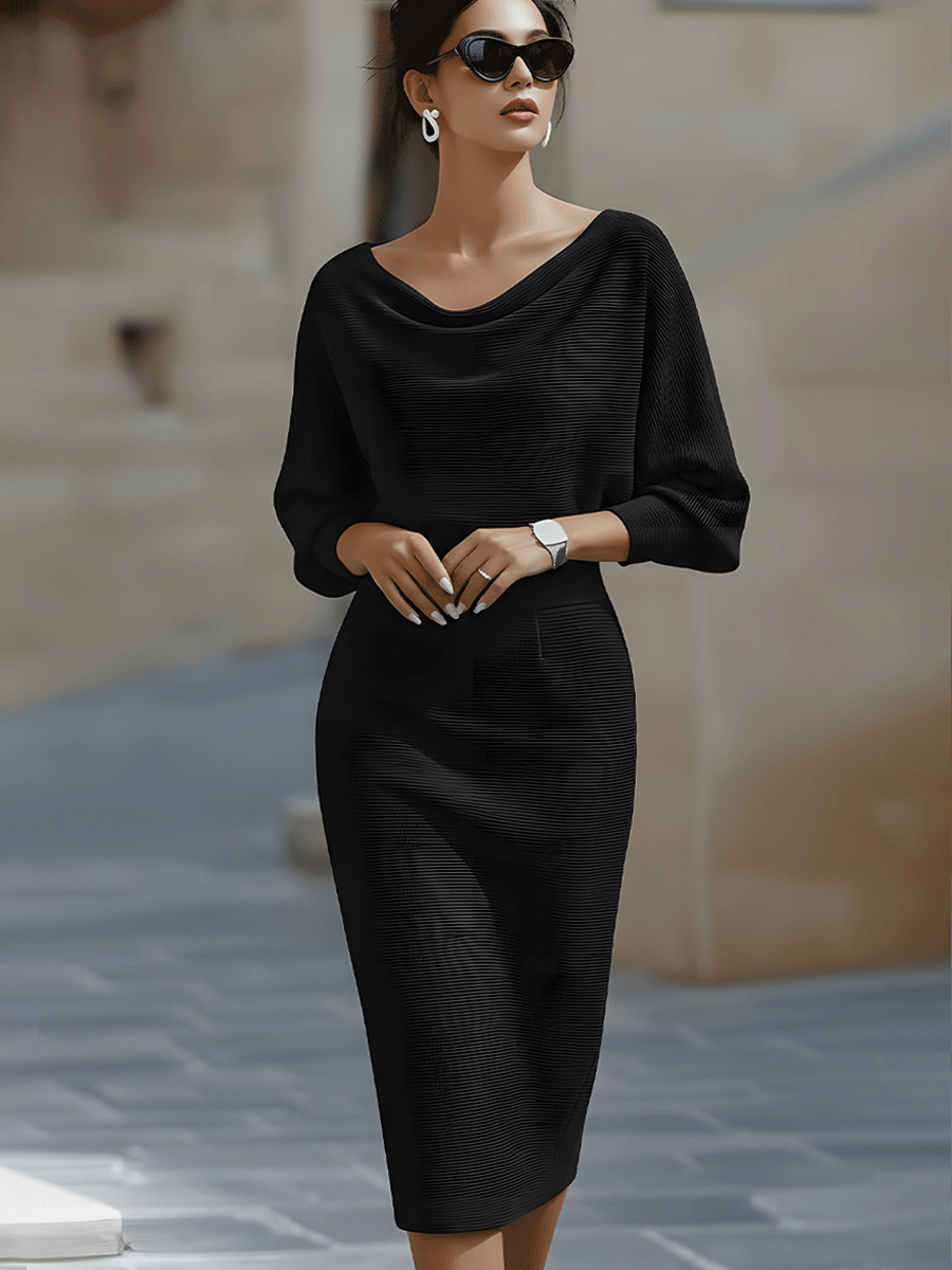 Cowl neck midi dress showing draped neckline
