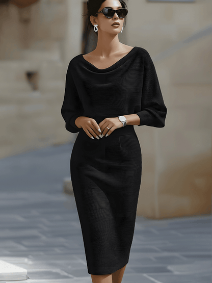 Cowl neck midi dress showing draped neckline