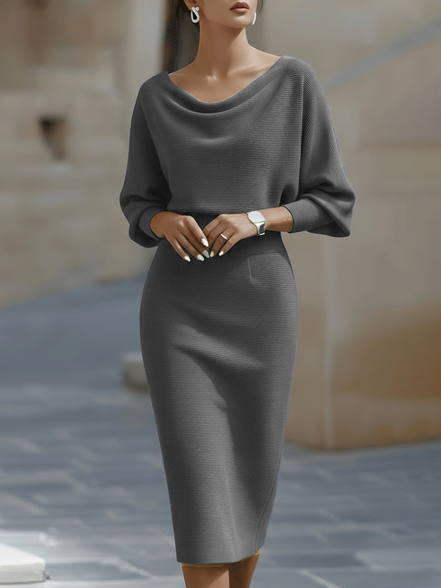 Cowl neck midi dress, side view