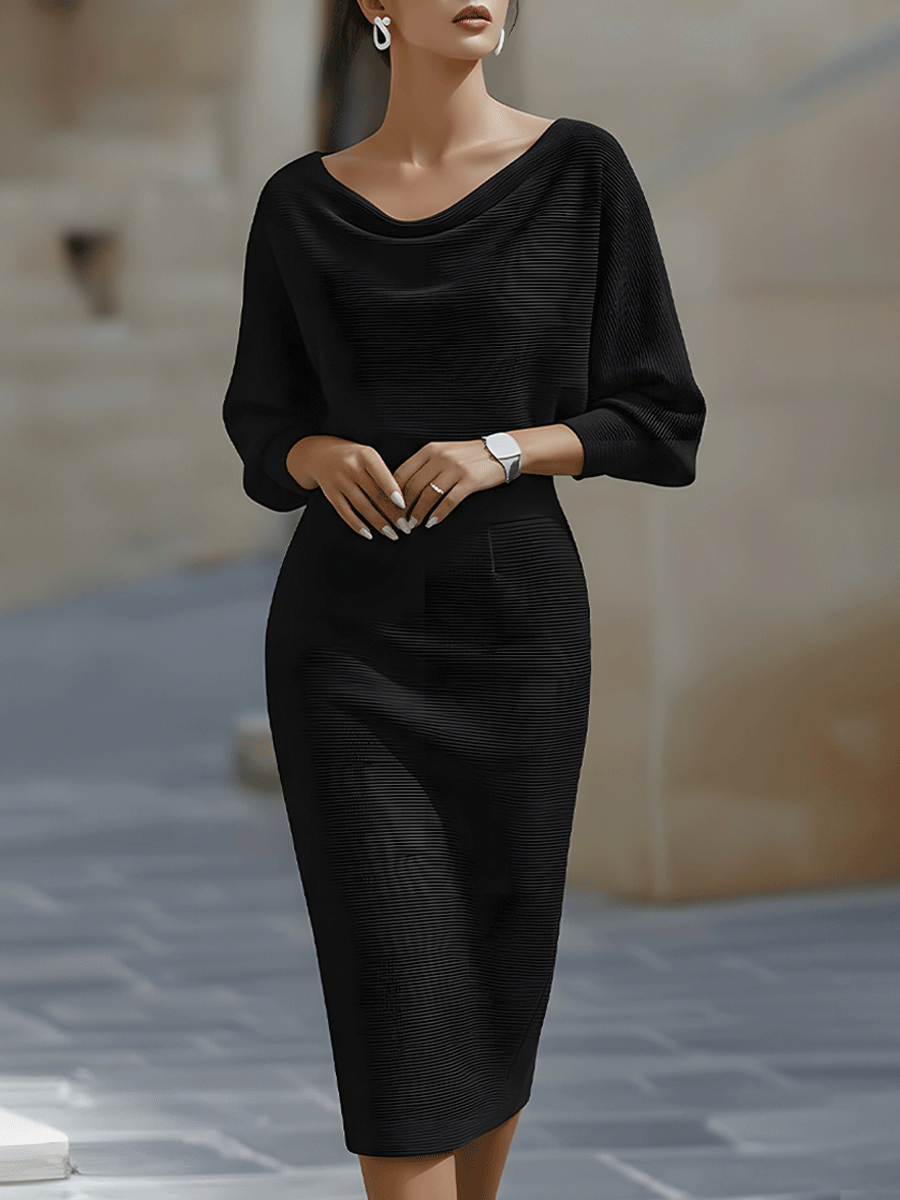 Cowl neck long sleeve dress, styled view