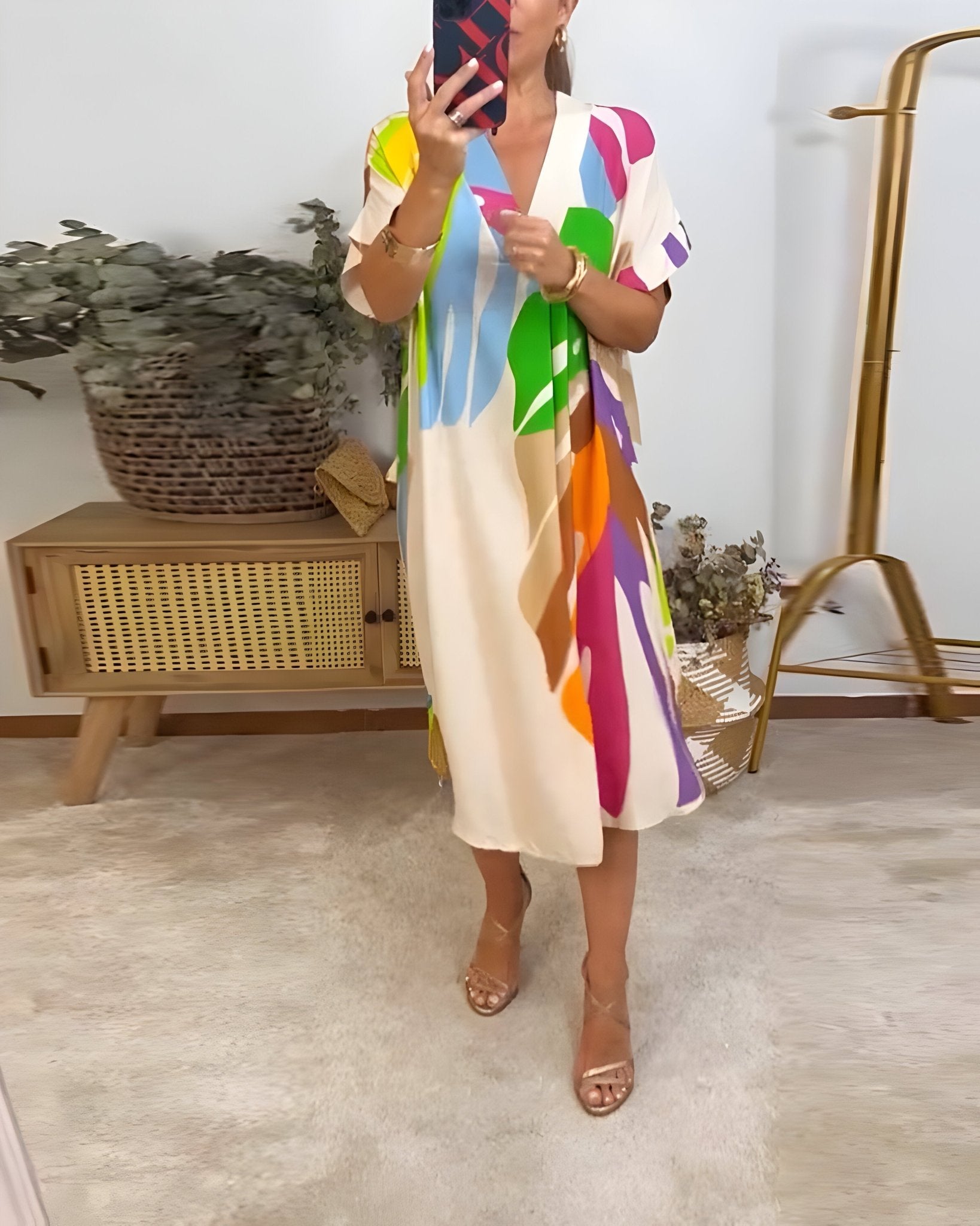 Abstract print midi summer dress front view
