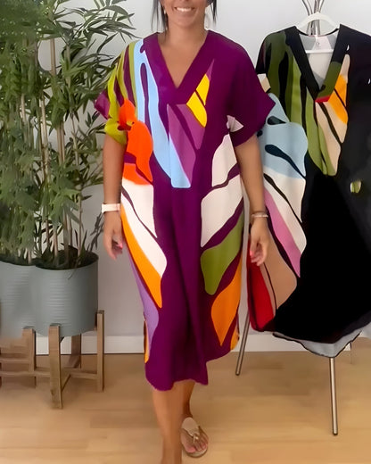 V-neck short sleeve midi dress with print