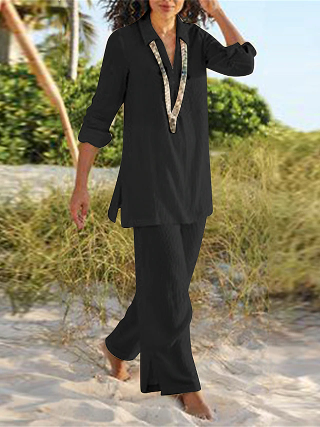 Two-piece lounge set with wide-leg trousers, side view