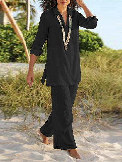 Two-piece lounge set with wide-leg trousers, side view