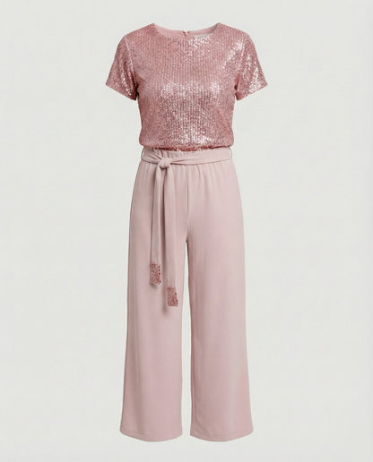 Sadie sequin top and wide-leg trouser two-piece set, front view