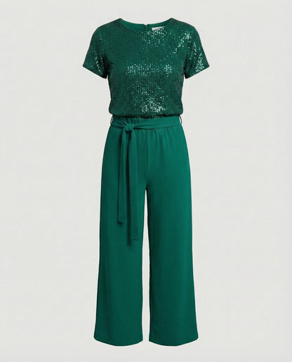 Sequin top and wide-leg trouser two-piece set, side view