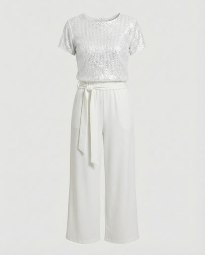 Sequin top and wide-leg trouser two-piece set, back view