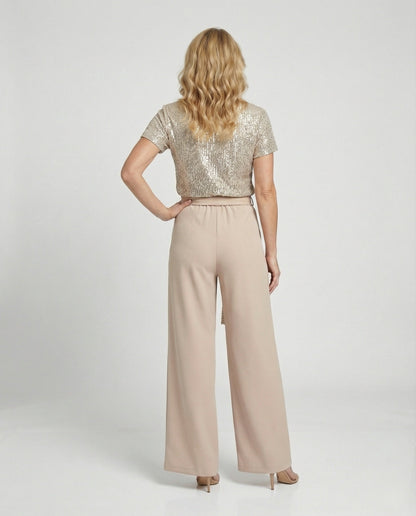 Sequin top and wide-leg trouser two-piece set, detail of the trousers