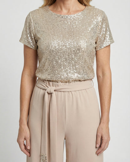 Sequin top and wide-leg trouser two-piece set, close-up of the sequins