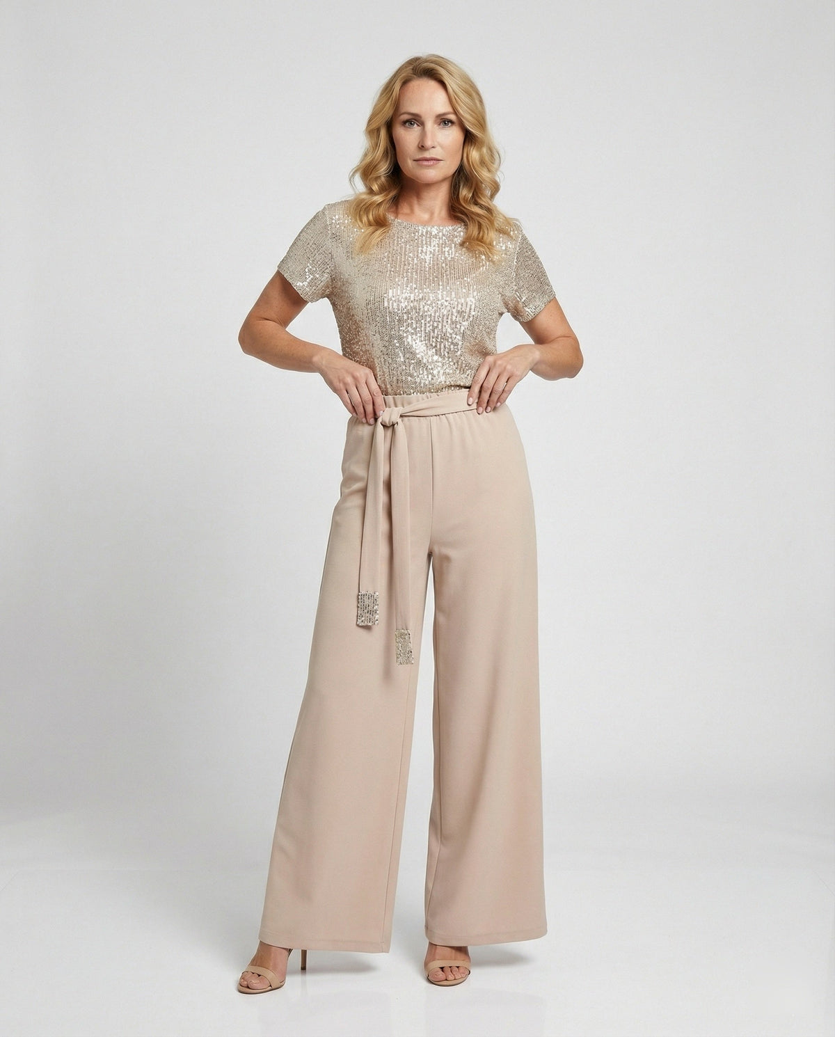 Sequin top and wide-leg trouser two-piece set, full-length view