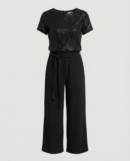 Sequin top and wide-leg trouser two-piece set, styled view