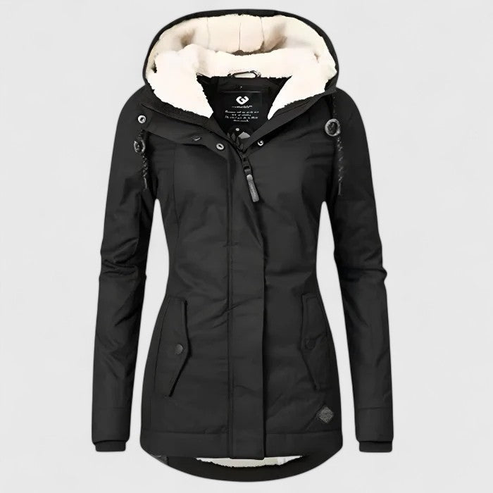Hooded lined rain jacket, side view