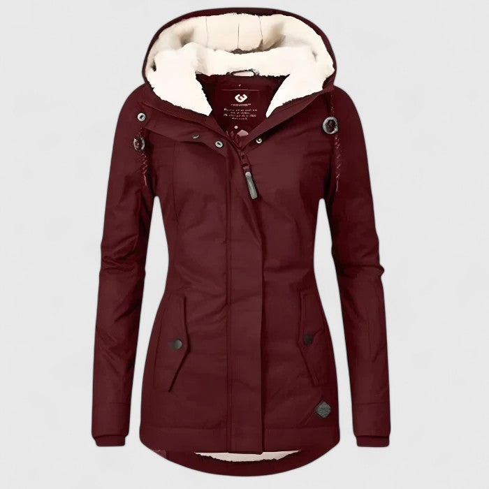 Hooded lined rain jacket, close-up of the collar