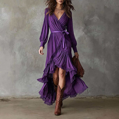 Salome casual tiered ruffle maxi dress in purple, front view