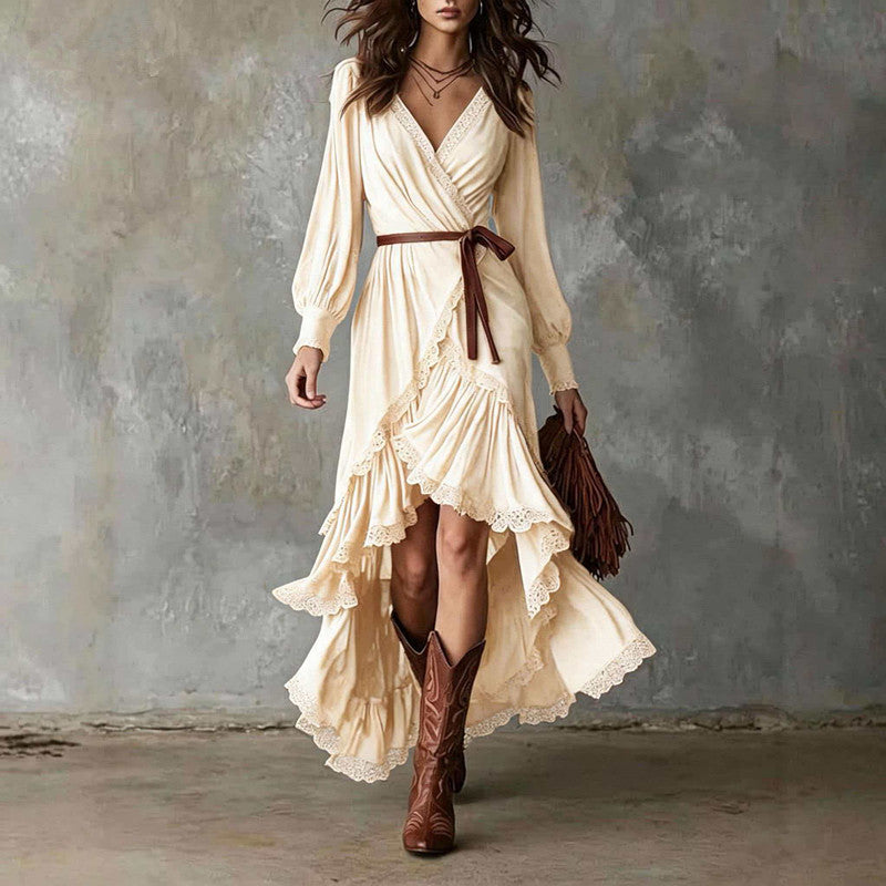 Casual tiered ruffle maxi dress in beige
