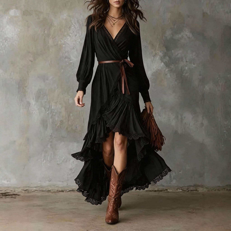 Casual tiered ruffle maxi dress in black