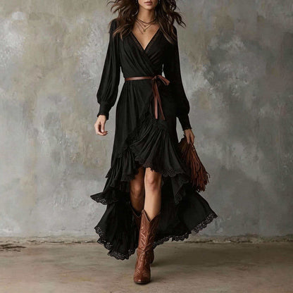 Casual tiered ruffle maxi dress in black