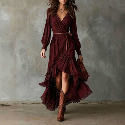 Casual tiered ruffle maxi dress in burgundy