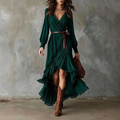 Casual tiered ruffle maxi dress in green