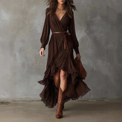 Casual tiered ruffle maxi dress in brown