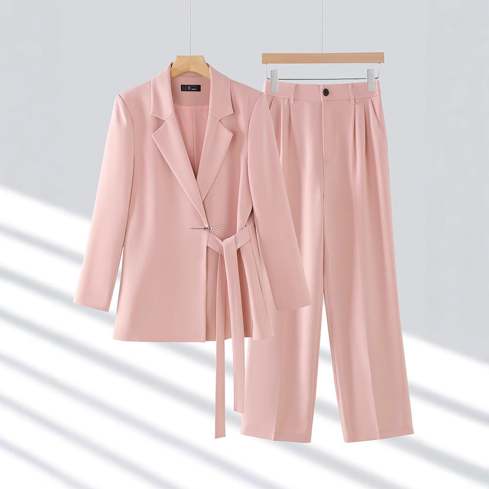 Saoirse belted long blazer pant suit in pink, front view