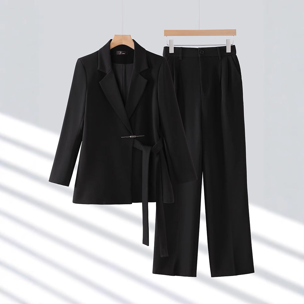 Belted long blazer pant suit in black
