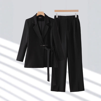 Belted long blazer pant suit in black
