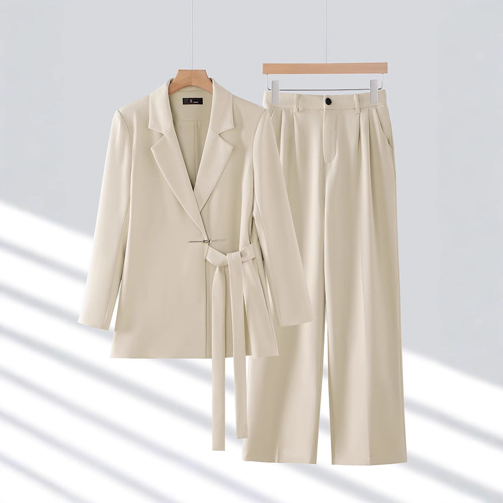 Belted long blazer pant suit in off white