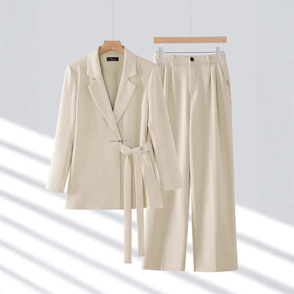Belted long blazer pant suit in off white