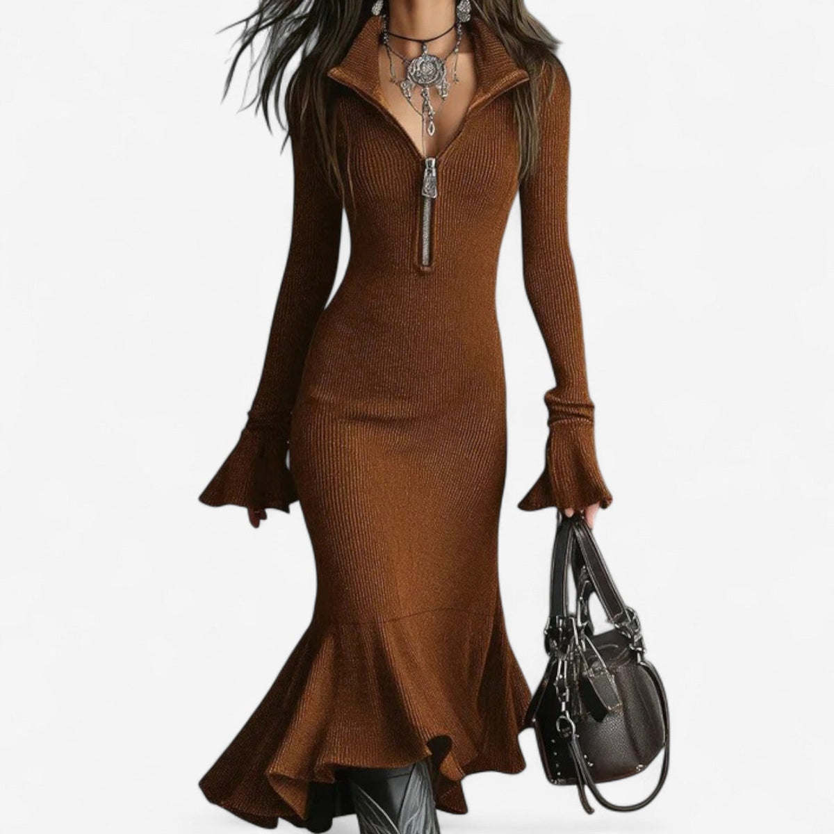 Leocadia zip-collar ribbed midi sweater dress, view 6