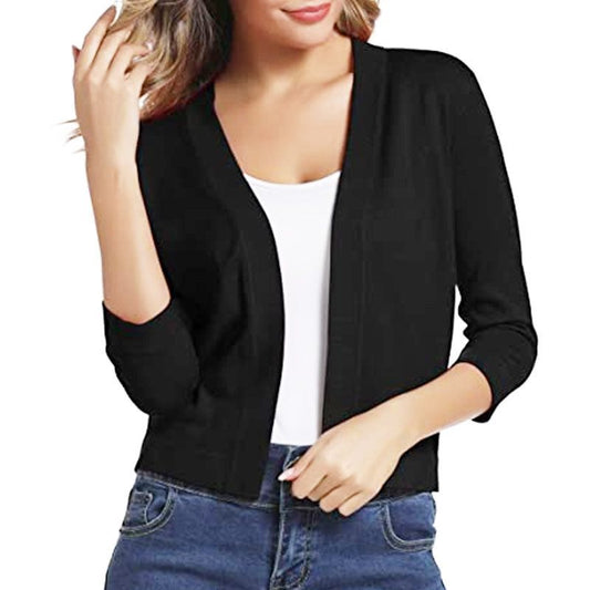 Open-front three-quarter sleeve cardigan, front view