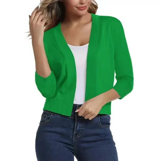 Three-quarter sleeve cardigan showing open front